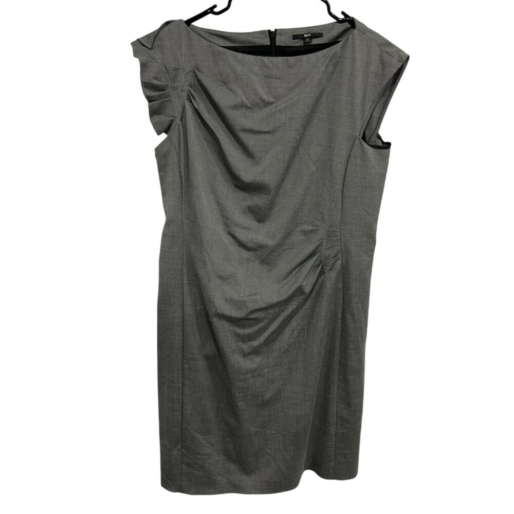 Hugo Boss Gray Cap Sleeve Sheath Dress Virgin Wool Blend Sz 8